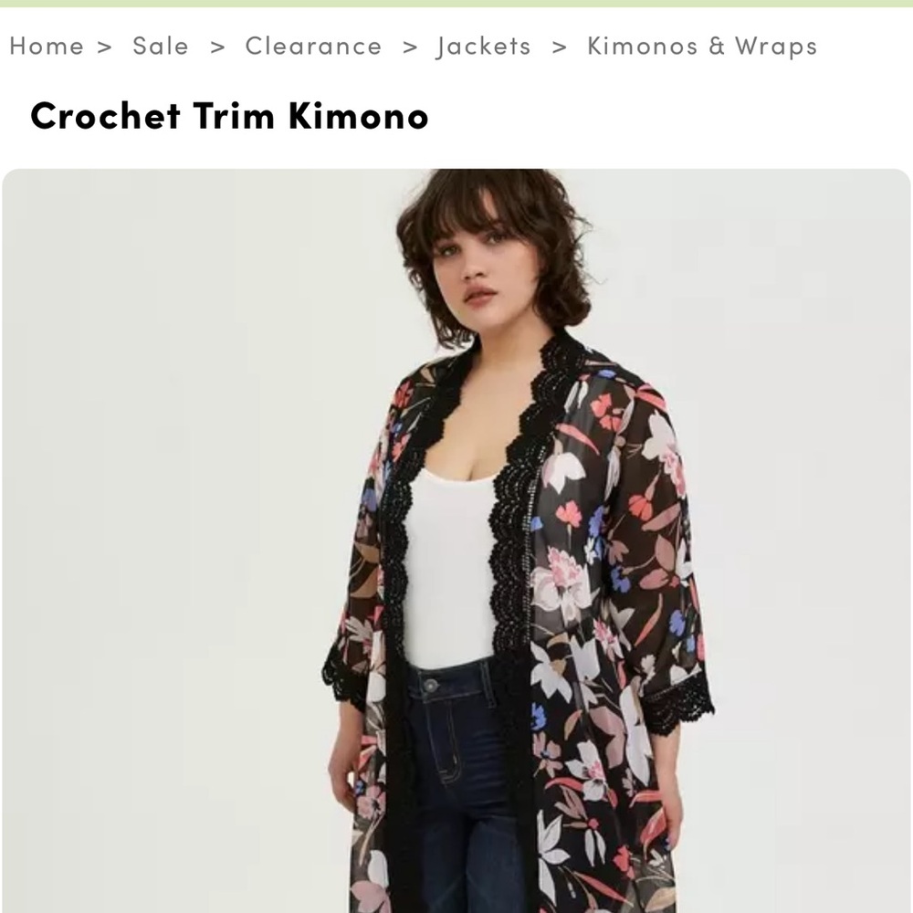Torrid 3x-4x Black Floral Kimono with Crochet Trim